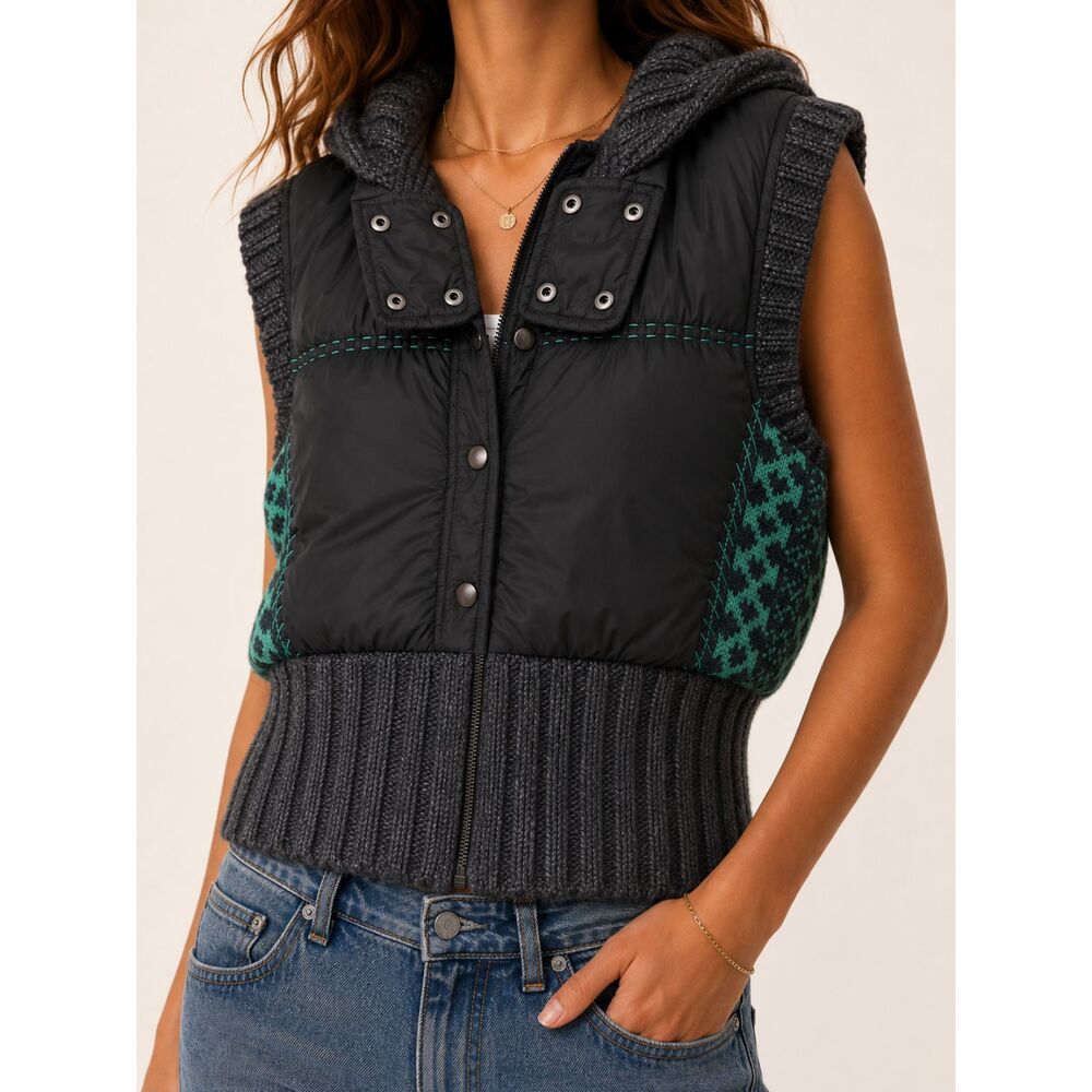 Free People Sweater Puffer Vest Wool‎ Blend Boho Fair Isle Knit Zip Snap Small